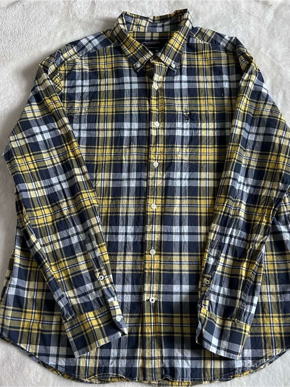 American Eagle Yellow Navy and White Plaid Button-Down Shirt Size XL 100% Cotton